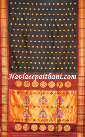 The black color with Contrast Maroon Colour boarder in Maharani Paithani Silk saree.
