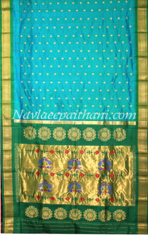 Peacock Blue colour with Green contrast boarder in Maharani Paithani Silk Saree.
